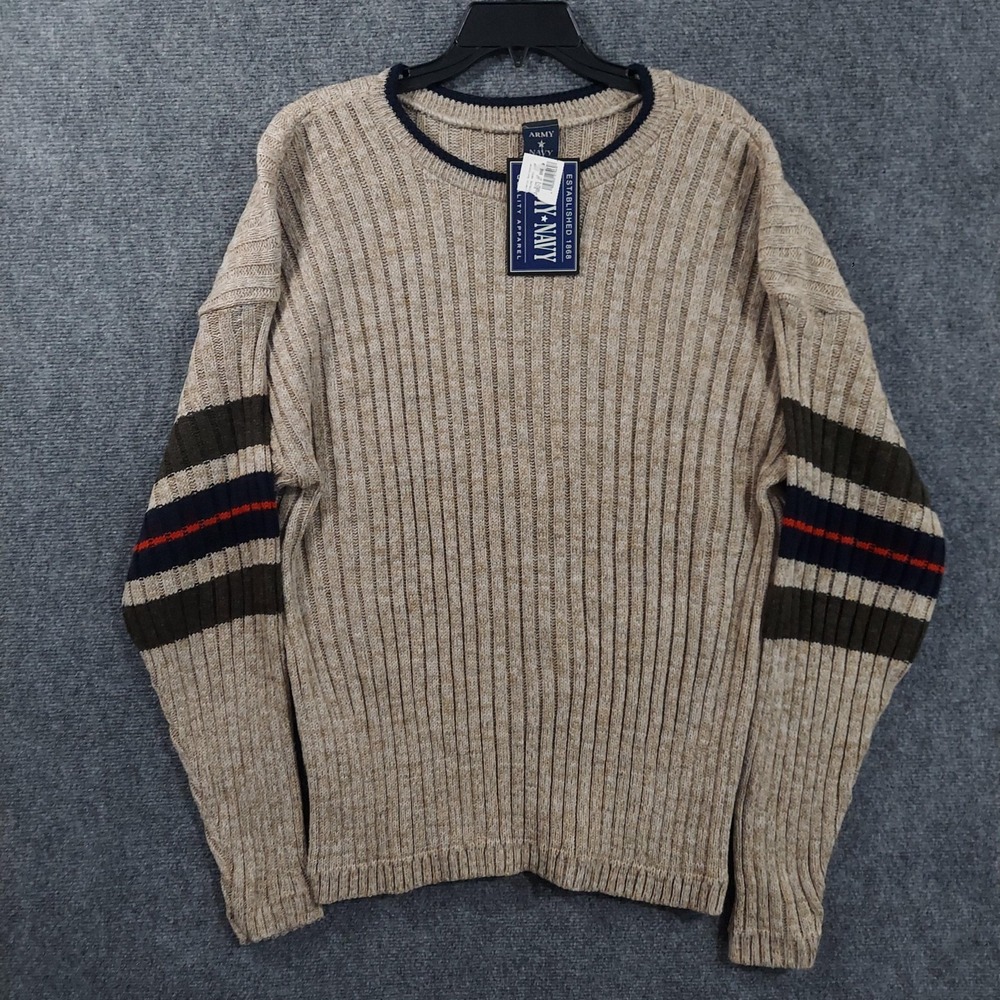 Army Navy Sweater Mens Large Beige Acrylic Striped Sleeve Crewneck Knit Pullover
